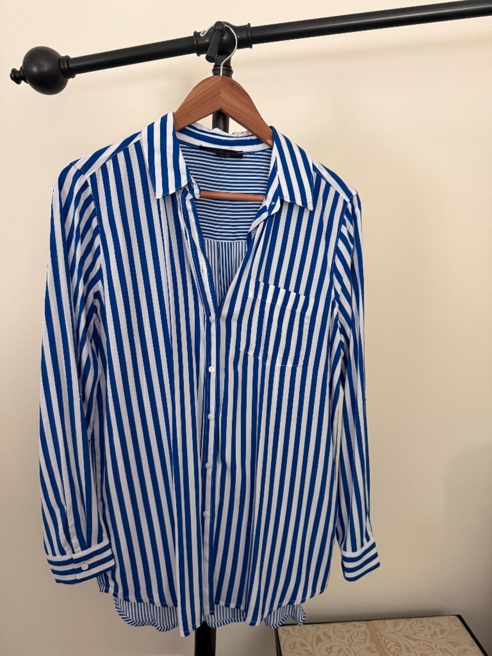 Jane & Delancey Blue and White Vertical Striped Button Down Blouse
